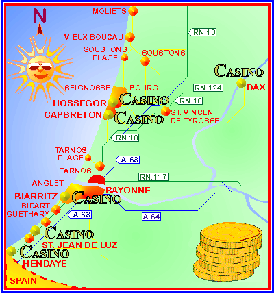 Map of the casinos in the Basque Country and southern Landes in south west france.