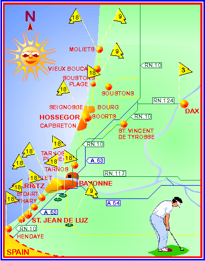 Map of the golf courses in south west france