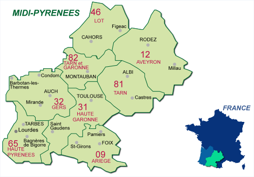 Carte des Hotels du Midi-Pyrénées, Sud-ouest France
