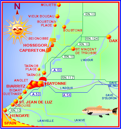 Map of fishing rivers and lakes in south west france