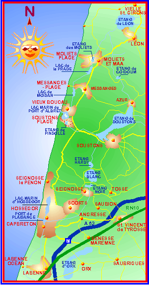 Map of the lakes in the Landes