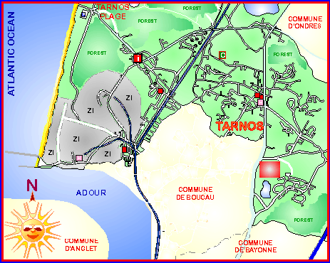 Map and town plan of tarnos in the Landes, France